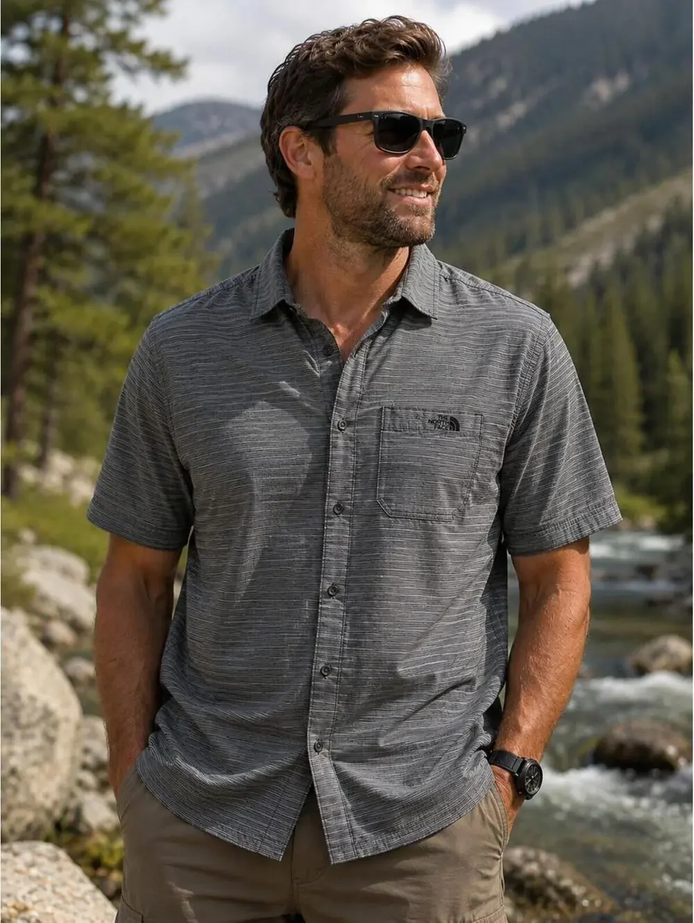 The North Face Mens Gray Striped Button Front Shirt Short Sleeve Size LG